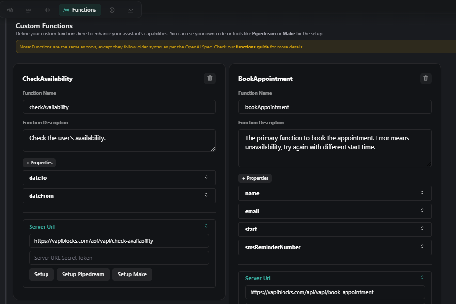 Vapi Dashboard setup for functions